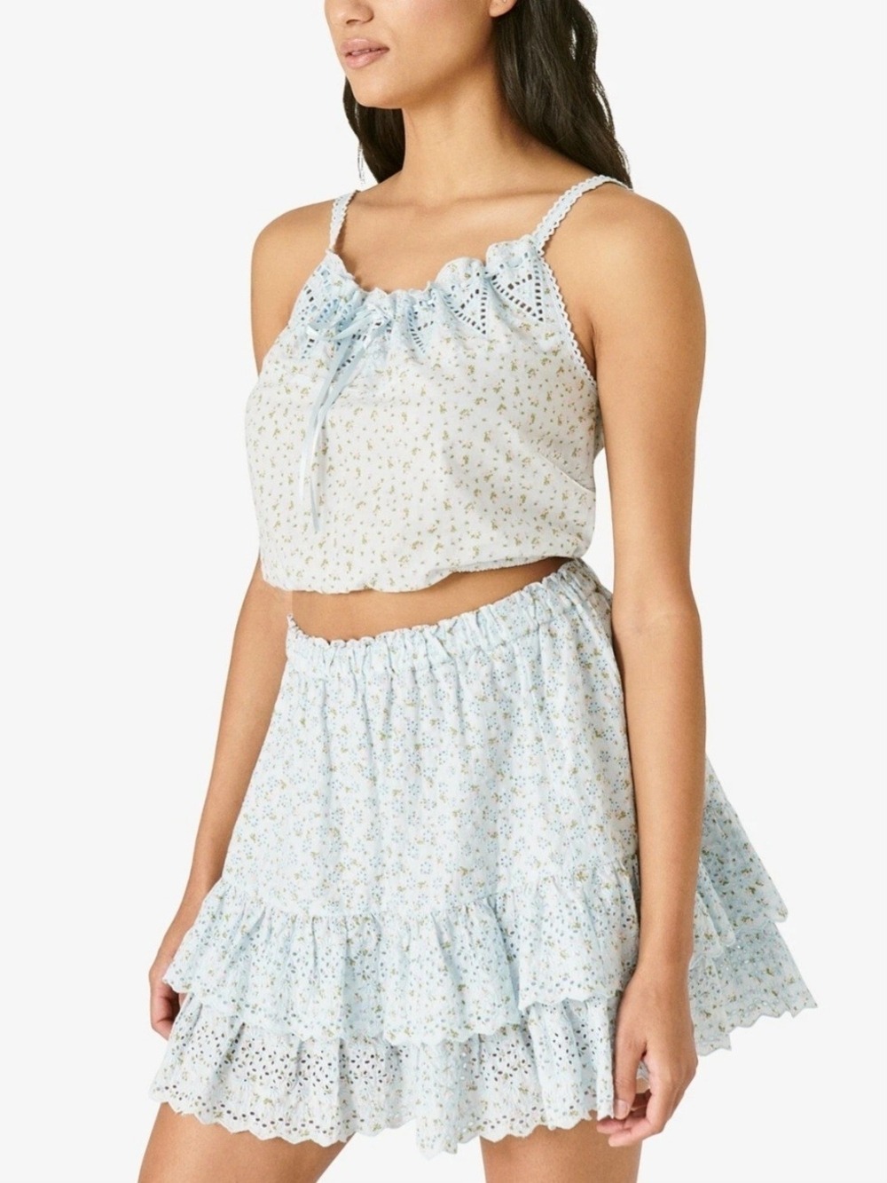 Floral Eyelet Crop Top & Ruffle Mini Skirt Set Blue Cottagecore Fits Medium